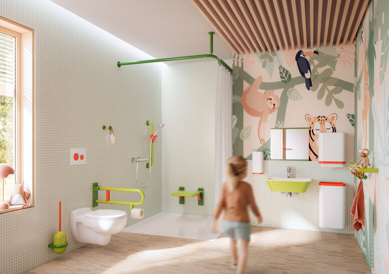 Colourful and child-friendly bathroom equipped with sanitary accessories in shades of green, white and coral