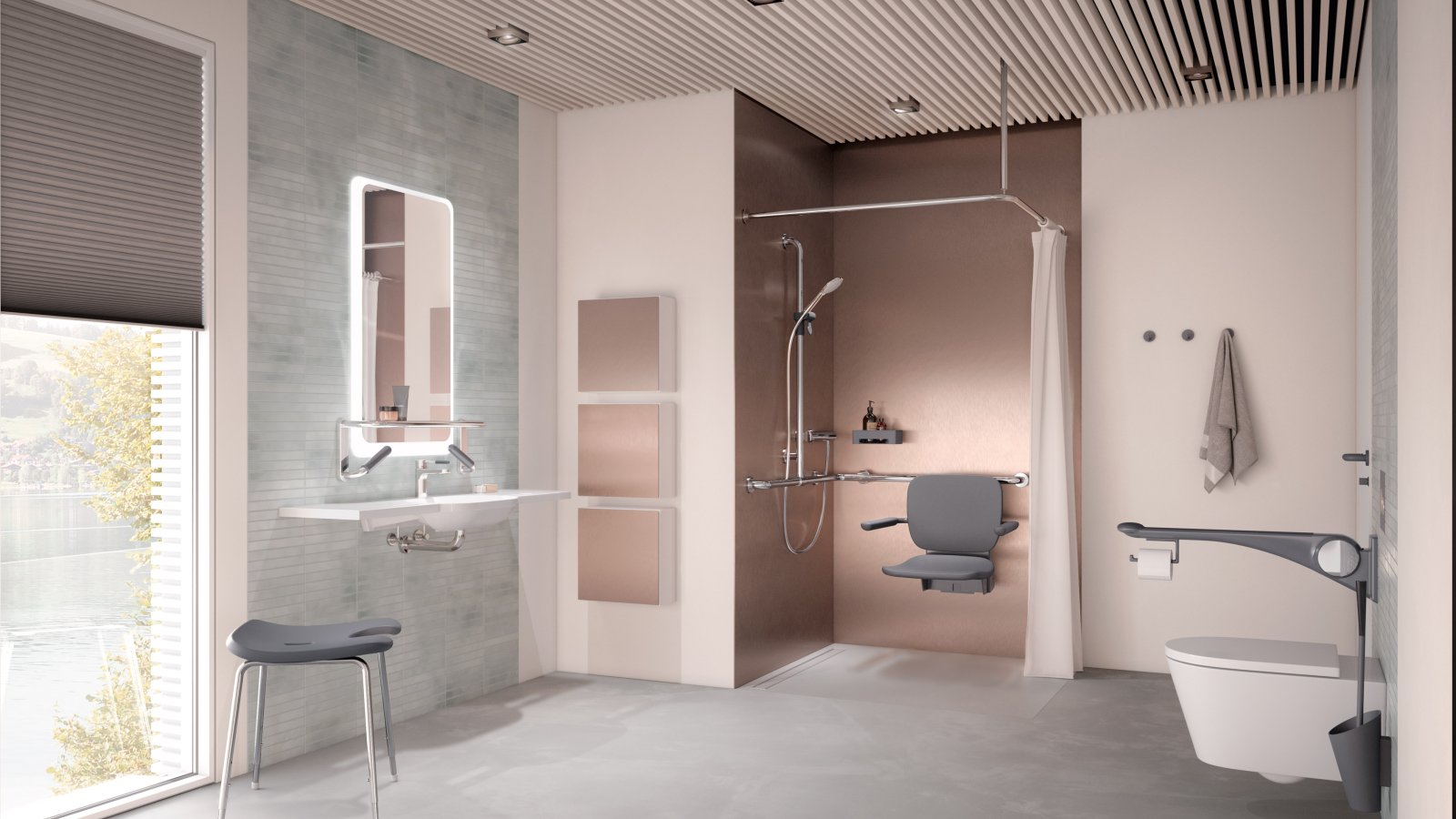 Barrier-free care bathroom with washbasin, shower area and WC